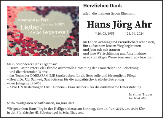 Traueranzeige von Hans Jörg Ahr von saarbruecker_zeitung