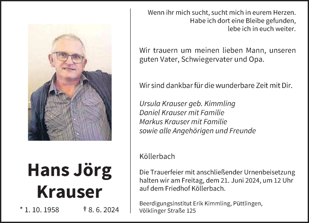  Traueranzeige für Hans Jörg Krauser vom 15.06.2024 aus saarbruecker_zeitung