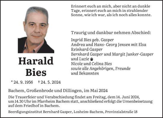 Traueranzeige von Harald Bies von saarbruecker_zeitung