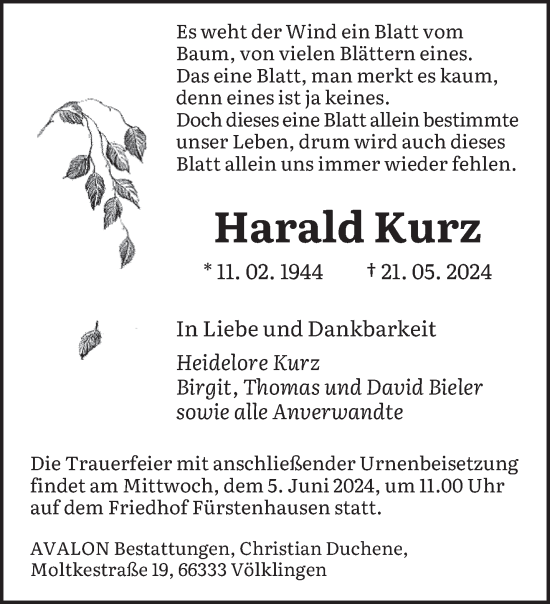 Traueranzeige von Harald Kurz von saarbruecker_zeitung