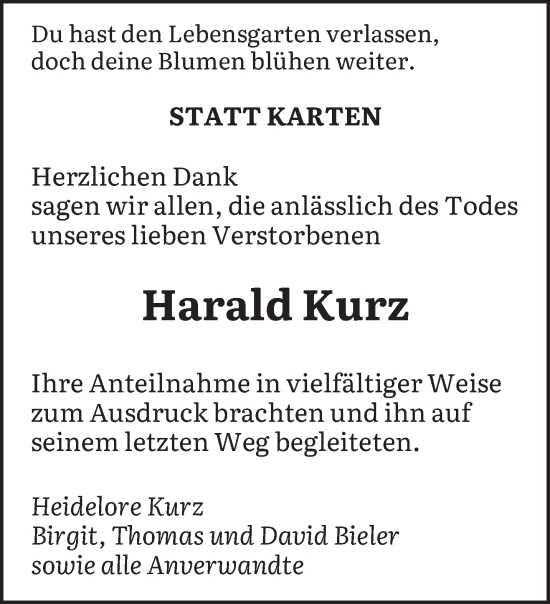 Traueranzeige von Harald Kurz von saarbruecker_zeitung