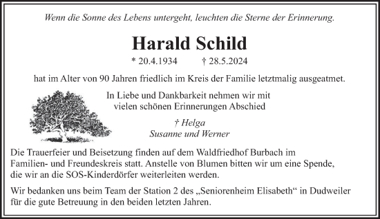 Traueranzeige von Harald Schild von saarbruecker_zeitung