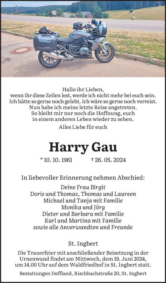 Traueranzeige von Harry Gau von saarbruecker_zeitung