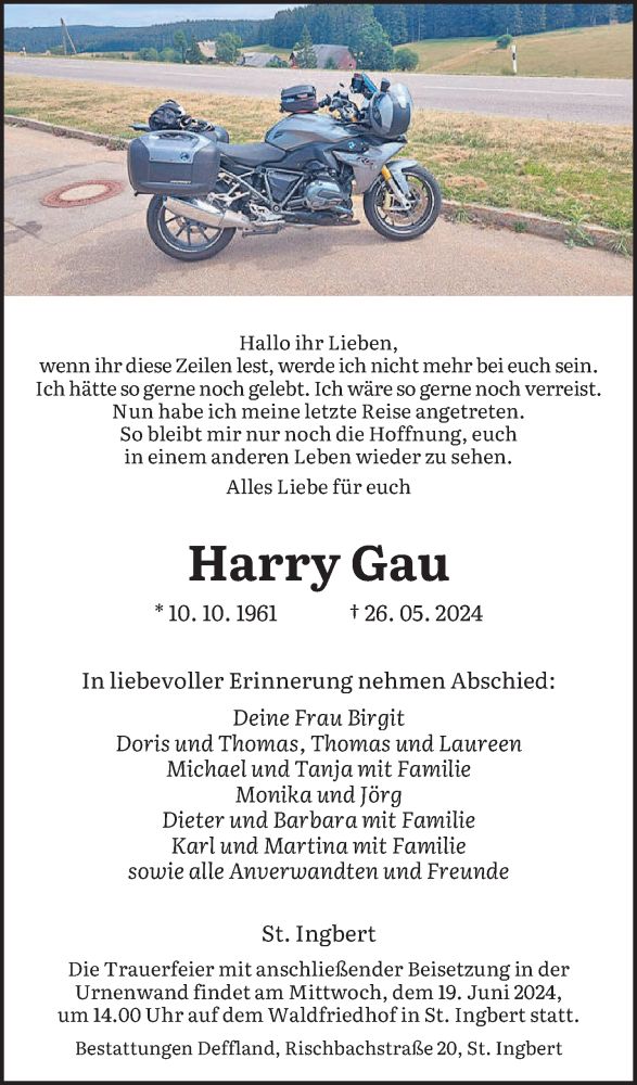  Traueranzeige für Harry Gau vom 08.06.2024 aus saarbruecker_zeitung