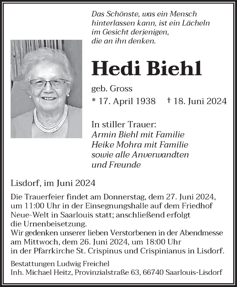  Traueranzeige für Hedi Biehl vom 22.06.2024 aus saarbruecker_zeitung