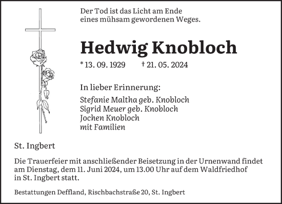 Traueranzeige von Hedwig Knobloch von saarbruecker_zeitung