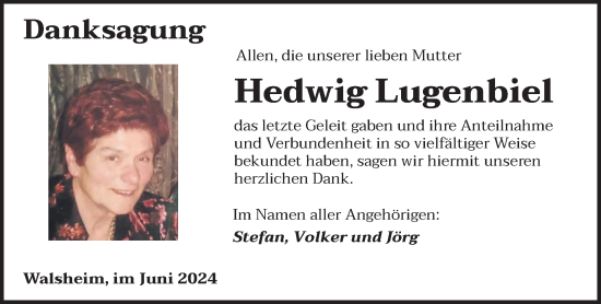 Traueranzeige von Hedwig Lugenbiel von saarbruecker_zeitung