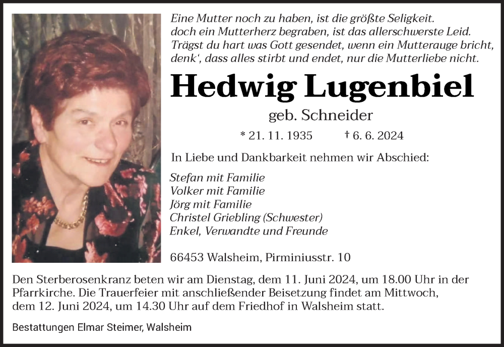  Traueranzeige für Hedwig Lugenbiel vom 08.06.2024 aus saarbruecker_zeitung