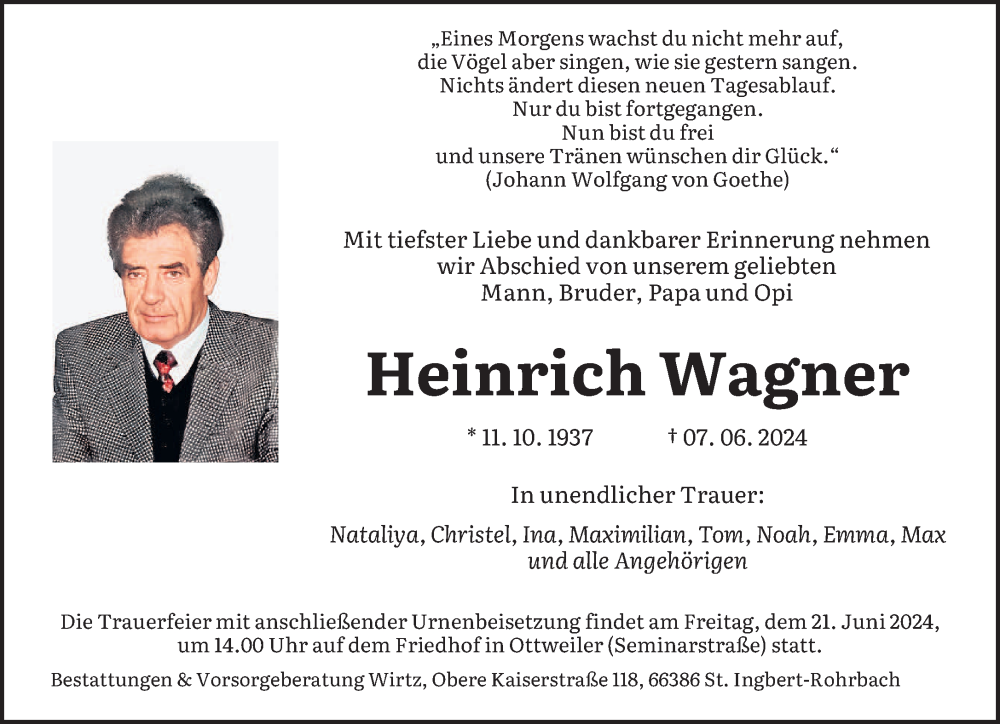  Traueranzeige für Heinrich Wagner vom 15.06.2024 aus saarbruecker_zeitung