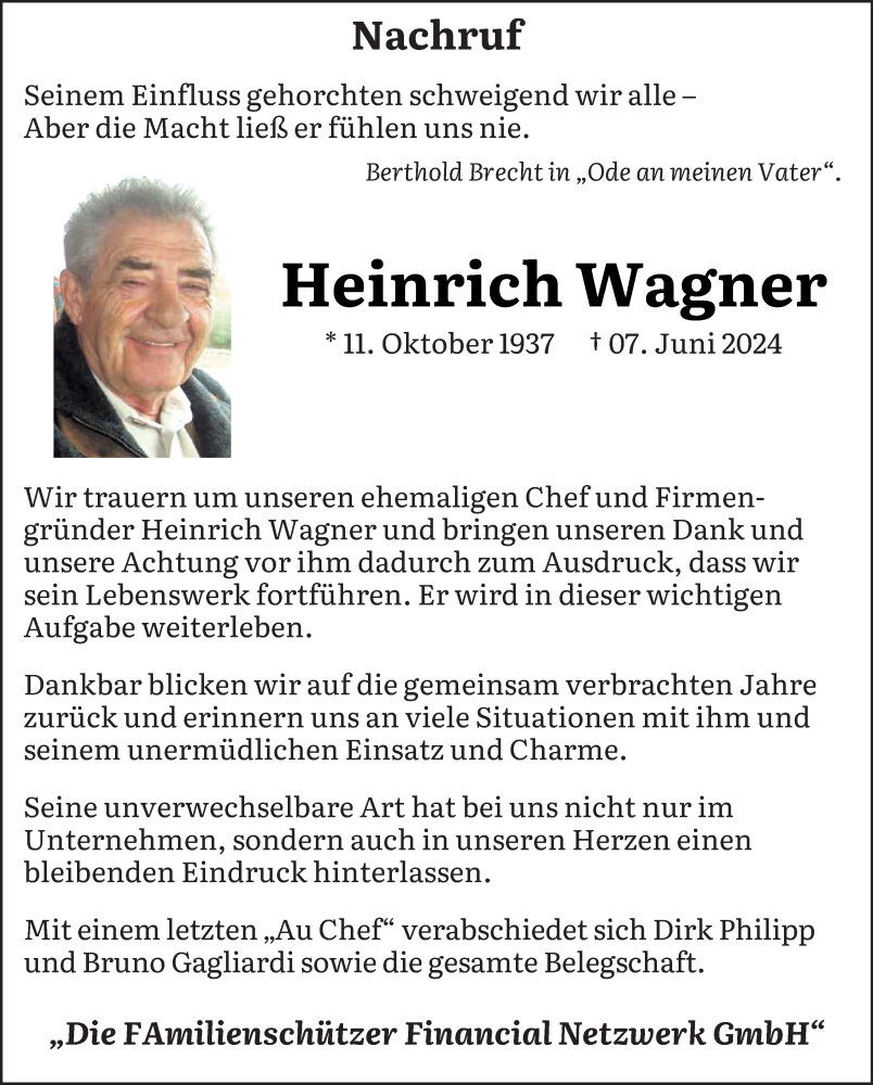  Traueranzeige für Heinrich Wagner vom 19.06.2024 aus saarbruecker_zeitung