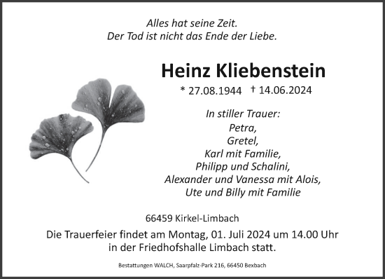 Traueranzeige von Heinz Kliebenstein von saarbruecker_zeitung