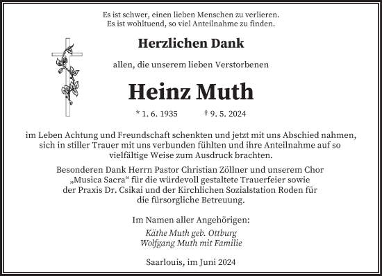 Traueranzeige von Heinz Muth von saarbruecker_zeitung