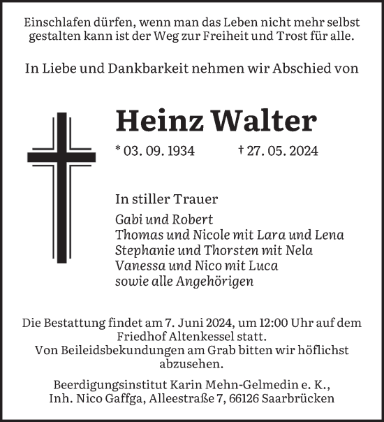 Traueranzeige von Heinz Walter von saarbruecker_zeitung