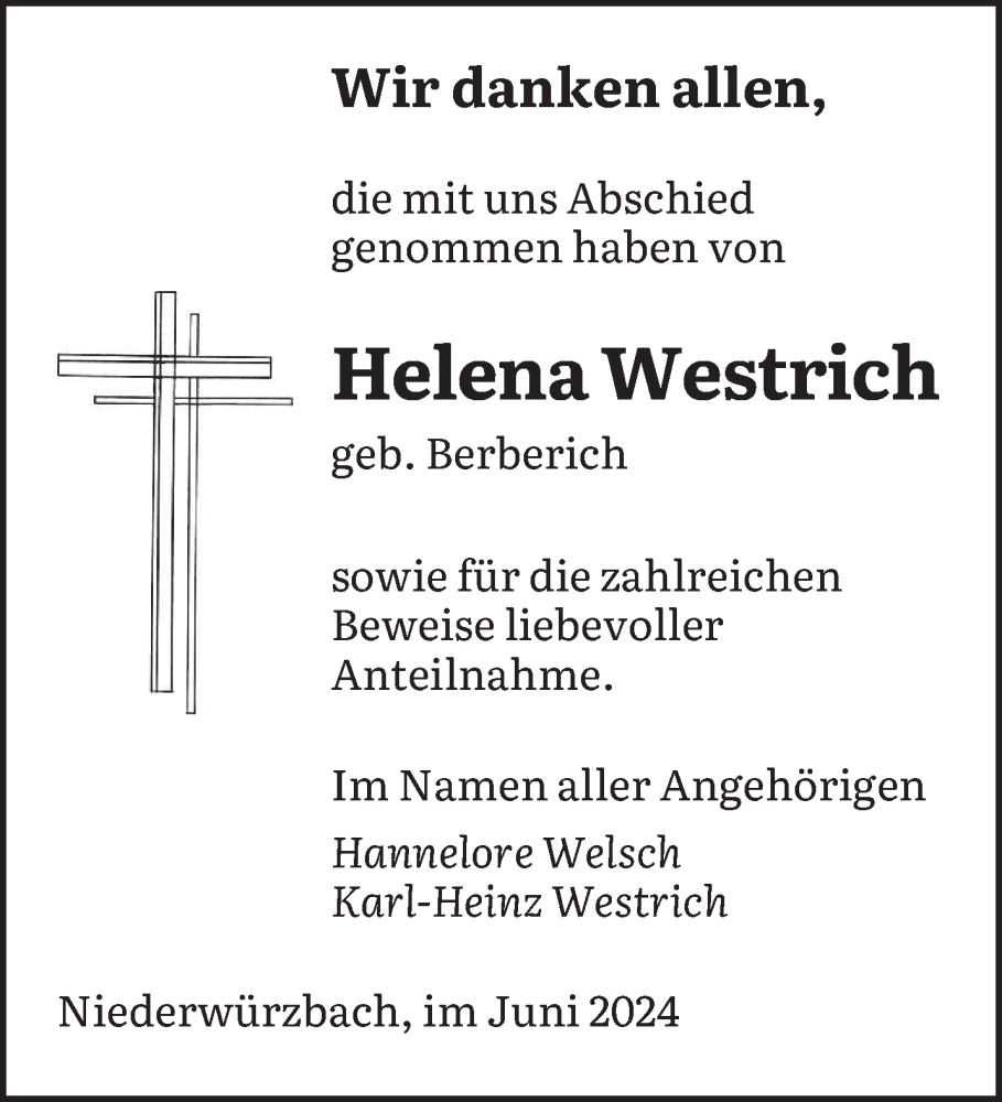  Traueranzeige für Helena Westrich vom 22.06.2024 aus saarbruecker_zeitung