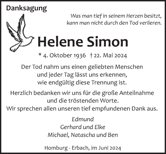 Traueranzeige von Helene Simon von saarbruecker_zeitung