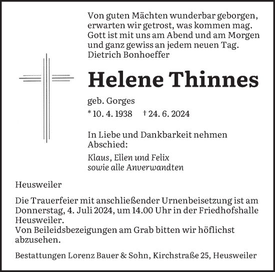 Traueranzeige von Helene Thinnes von saarbruecker_zeitung
