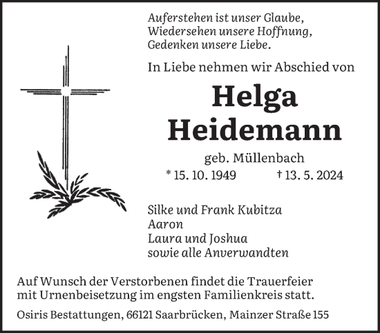 Traueranzeige von Helga Heidemann von saarbruecker_zeitung