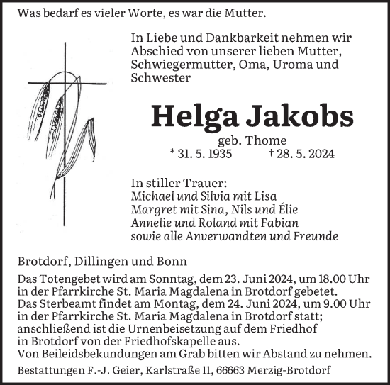 Traueranzeige von Helga Jakobs von saarbruecker_zeitung