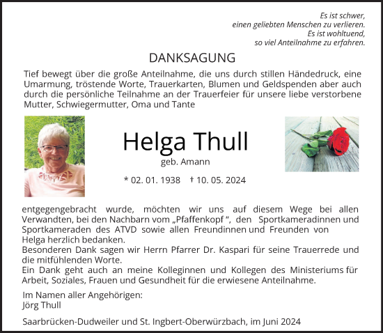 Traueranzeige von Helga Thull von saarbruecker_zeitung