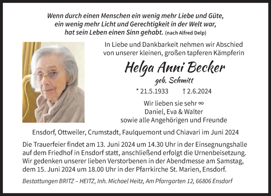 Traueranzeige von Helga Anni Becker von saarbruecker_zeitung