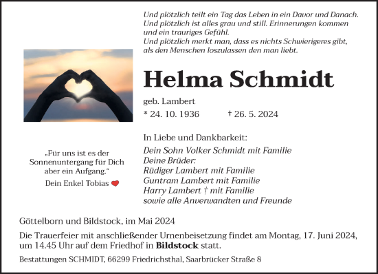 Traueranzeige von Helma Schmidt von saarbruecker_zeitung