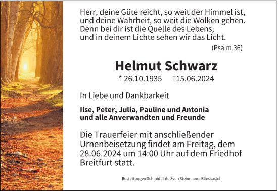 Traueranzeige von Helmut Schwarz von saarbruecker_zeitung