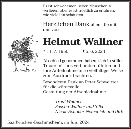 Traueranzeige von Helmut Wallner von saarbruecker_zeitung