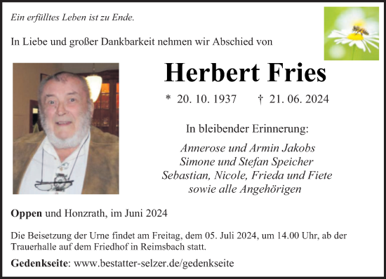 Traueranzeige von Herbert Fries von saarbruecker_zeitung