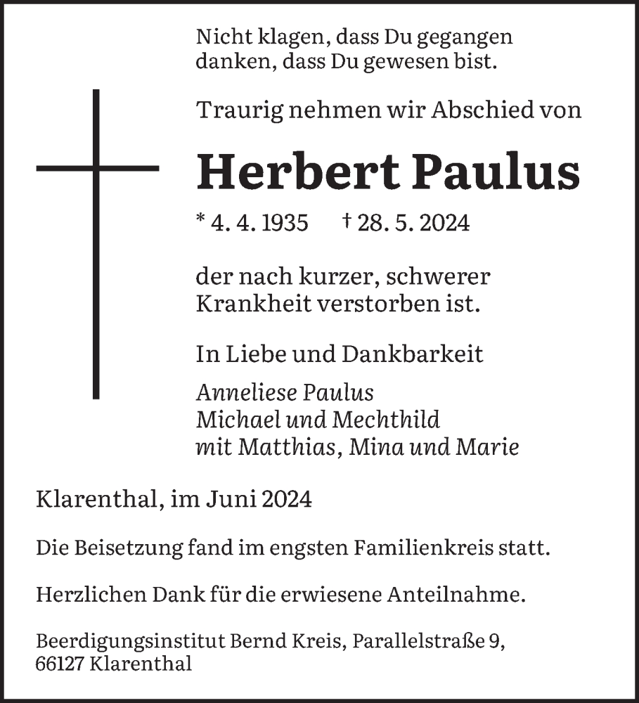  Traueranzeige für Herbert Paulus vom 22.06.2024 aus saarbruecker_zeitung