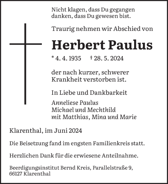 Traueranzeige von Herbert Paulus von saarbruecker_zeitung