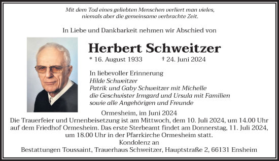 Traueranzeige von Herbert Schweitzer von saarbruecker_zeitung