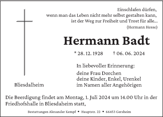 Traueranzeige von Hermann Badt von saarbruecker_zeitung