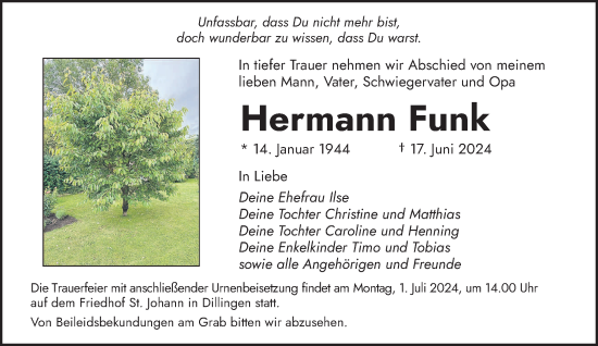 Traueranzeige von Hermann Funk von saarbruecker_zeitung