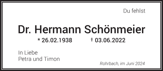 Traueranzeige von Hermann Schönmeier von saarbruecker_zeitung