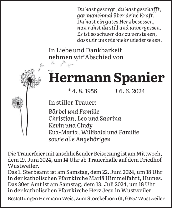 Traueranzeige von Hermann Spanier von saarbruecker_zeitung