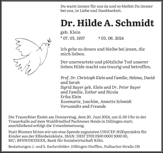 Traueranzeige von Hilde A. Schmidt von saarbruecker_zeitung