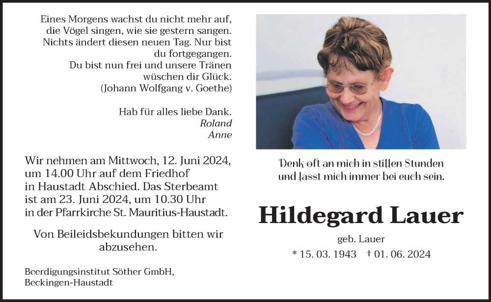  Traueranzeige für Hildegard Lauer vom 08.06.2024 aus saarbruecker_zeitung
