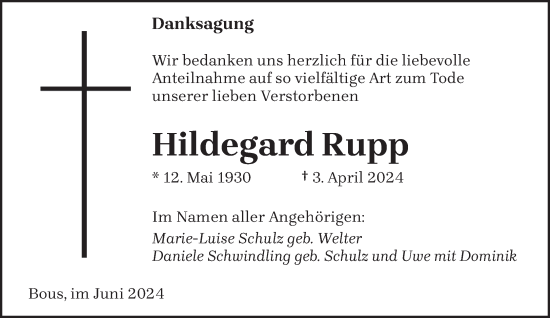 Traueranzeige von Hildegard Rupp von saarbruecker_zeitung