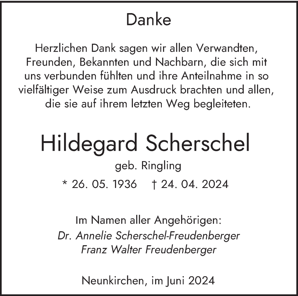  Traueranzeige für Hildegard Scherschel vom 22.06.2024 aus saarbruecker_zeitung