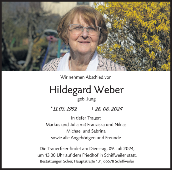 Traueranzeige von Hildegard Weber von saarbruecker_zeitung