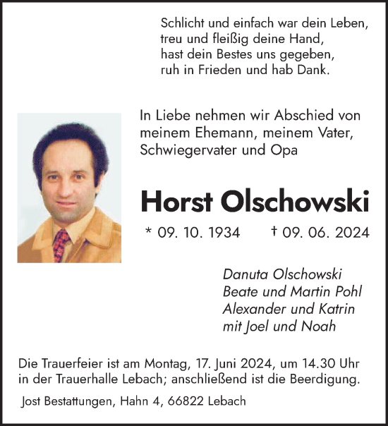 Traueranzeige von Horst Olschowski von saarbruecker_zeitung