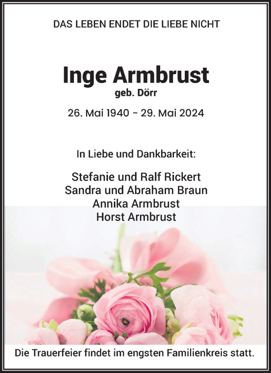 Traueranzeige von Inge Armbrust von saarbruecker_zeitung