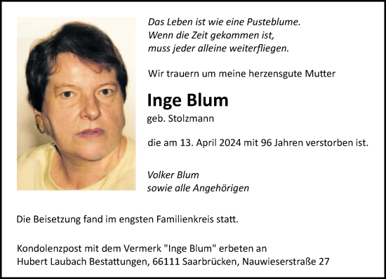 Traueranzeige von Inge Blum von saarbruecker_zeitung