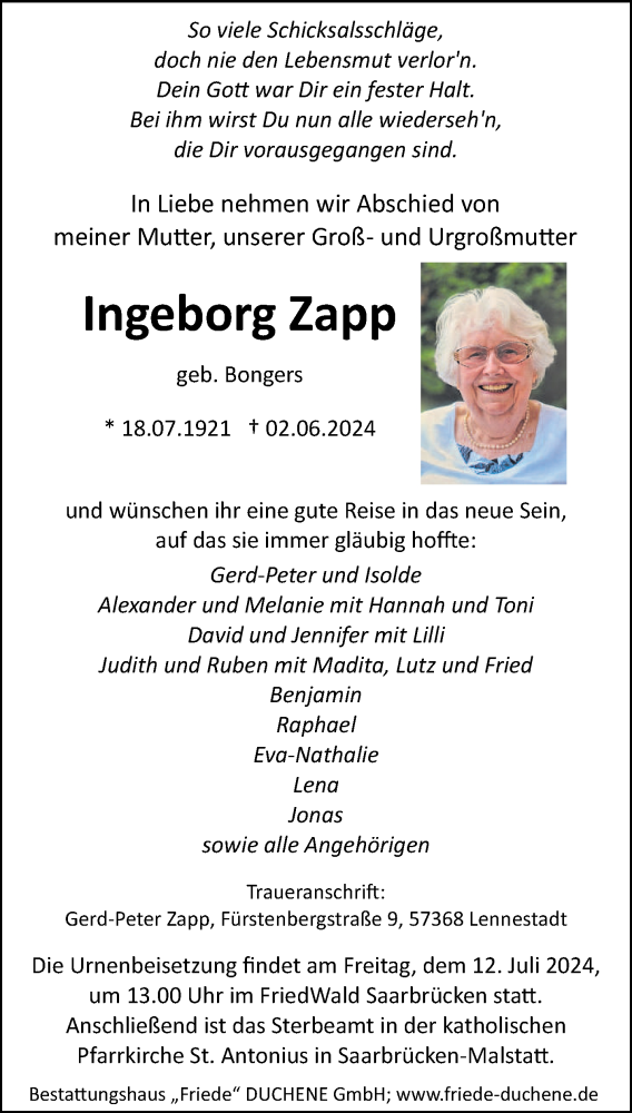  Traueranzeige für Ingeborg Zapp vom 29.06.2024 aus saarbruecker_zeitung