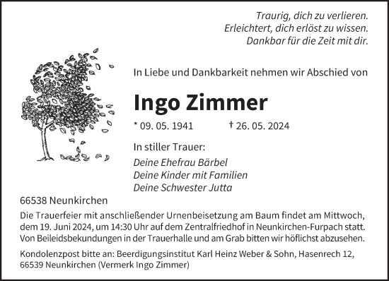 Traueranzeige von Ingo Zimmer von saarbruecker_zeitung