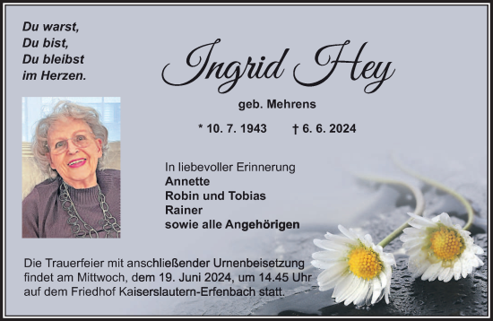 Traueranzeige von Ingrid Hey von saarbruecker_zeitung