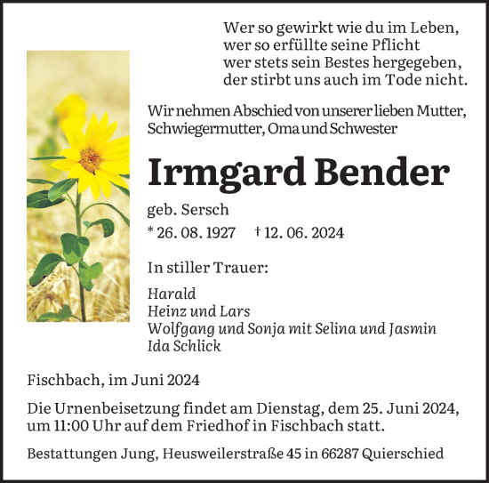 Traueranzeige von Irmgard Bender von saarbruecker_zeitung