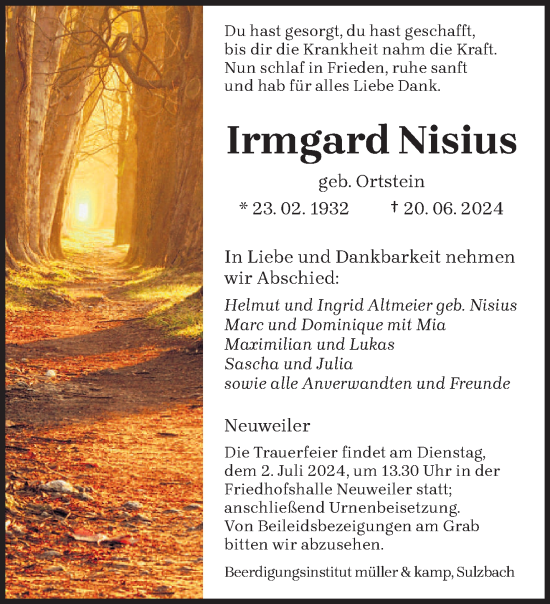Traueranzeige von Irmgard Nisius von saarbruecker_zeitung