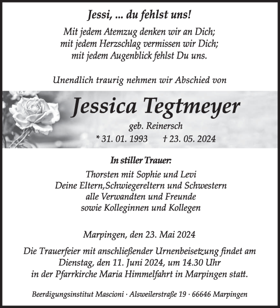 Traueranzeige von Jessica Tegtmeyer von saarbruecker_zeitung