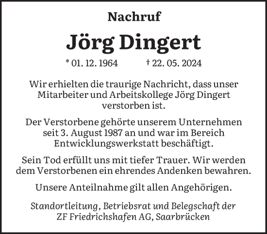 Traueranzeige von Jörg Dingert von saarbruecker_zeitung